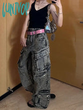 Lunivop Woman Baggy Jeans High Waist Denim Wide Leg Pants Gradient Color Pockets Cozy Casual